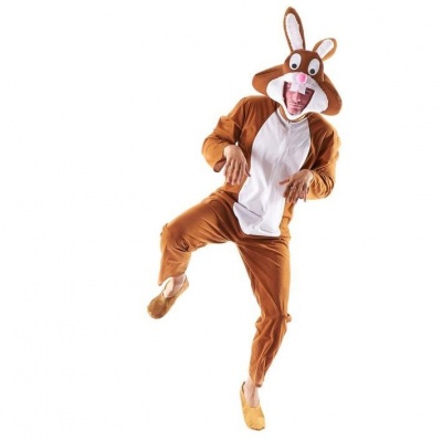 Fato de coelho castanho e branco com capuz em tecido suave