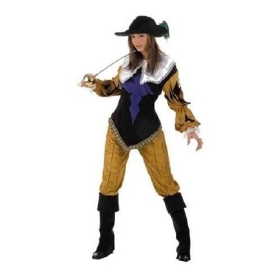 Fato de mosqueteiro feminino com colete preto e detalhes roxos, calças castanhas, botas pretas e chapéu preto com pena verde