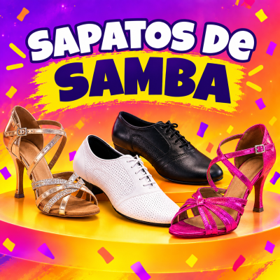 Conjunto de sapatos de samba coloridos sobre pedestal amarelo com texto vibrante