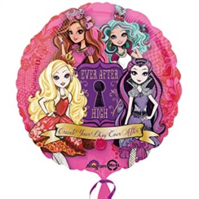 Balão de foil rosa com personagens Ever After High e texto decorativo.