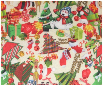 Tecido estampado natalício colorido com vários símbolos de Natal e textos