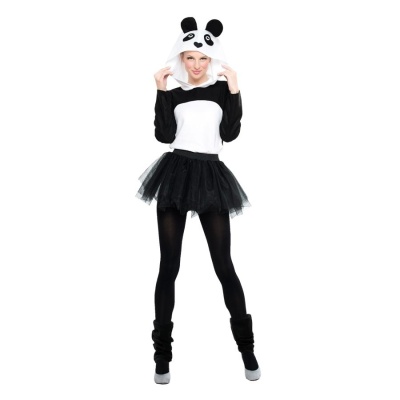 Fantasia de panda com capuz, saia de tule e collants pretos