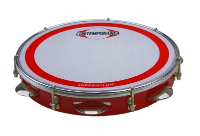 Pandeireta vermelha com pele branca e detalhes metálicos