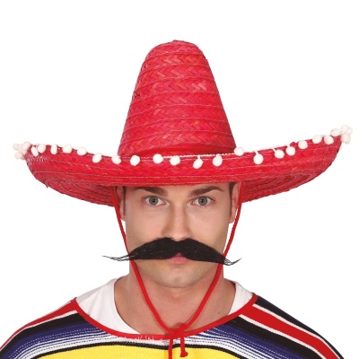 Chapéu sombrero vermelho em palha com pompons brancos e bigode falso