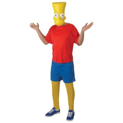 Fato de Carnaval do Bart Simpson com máscara, t-shirt vermelha, calções azuis, meias amarelas e ténis azuis