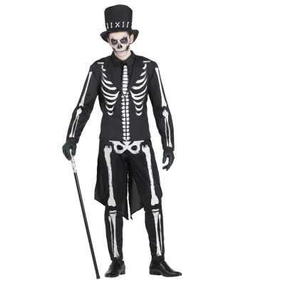 Fato de esqueleto adulto com casaco, calças, chapéu de cartola e bengala