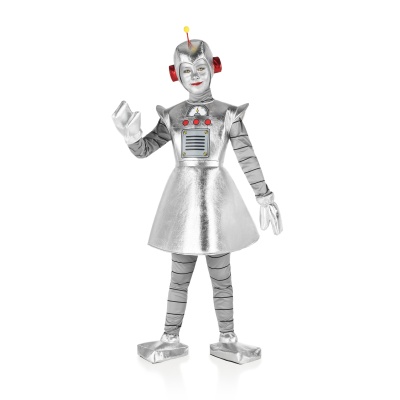 Figura de robô prateada com vestido e detalhes vermelhos