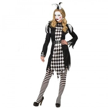 Fato de palhaço preto e branco com padrão losangos e riscas em modelo feminino.