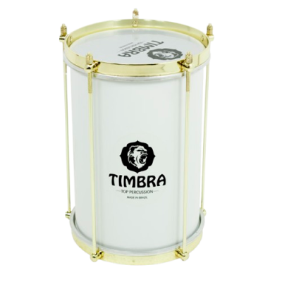 Tambor branco TIMBRA com aros dourados e logótipo preto