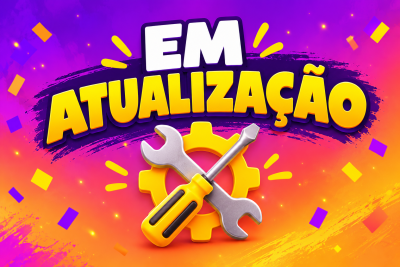 Fundo degradê roxo a laranja com texto EM ATUALIZAÇÃO em amarelo e branco e ícone de ferramentas sobre engrenagem amarela.