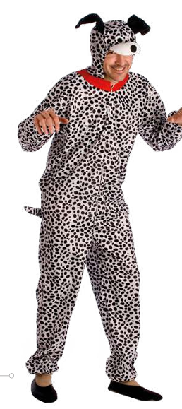 Fantasia adulta de cão dálmata com capuz e padrão de manchas negras em fundo branco