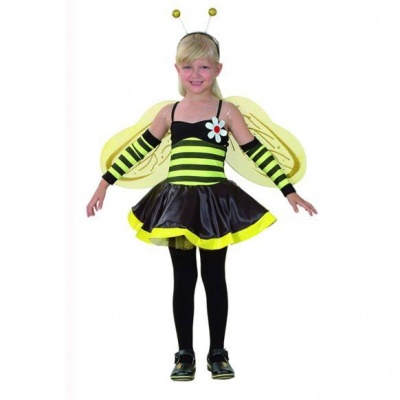 Fato de abelha infantil com saia preta e amarelo, corpo às riscas e asas amarelas