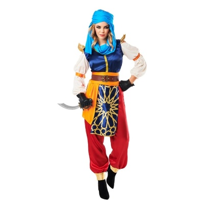 Fato de fantasia colorido com colete azul e calças vermelhas