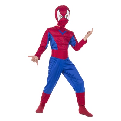 Fato de criança vermelho e azul com máscara e padrão de aranha