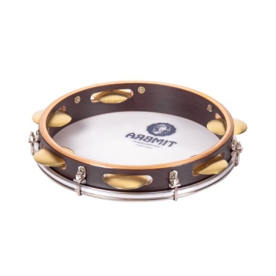 Pandeireta madeira escura com pele branca e castanholas douradas