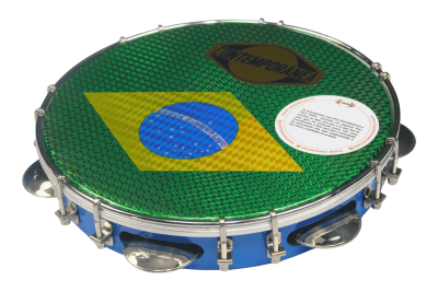 Pandeiro com pele holográfica verde com padrão da bandeira do Brasil e aro metálico prateado
