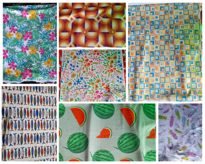 Diferentes tecidos estampados com padrões tropicais, geométricos, peixes, flores, melancias e insetos