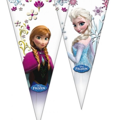 Cones de papel com desenhos da Anna e Elsa do Frozen
