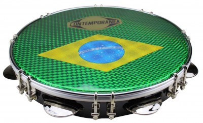 Pandeiro verde com bandeira do Brasil e marca CONTEMPORÂNEA
