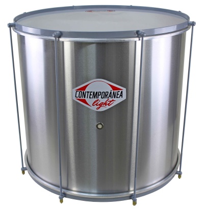 Tambor metálico prateado com etiqueta CONTEMPORÂNEA light