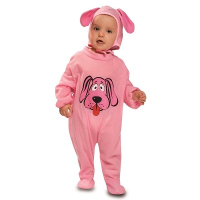 Fato de bebé rosa com estampa de cão e capuz com orelhas