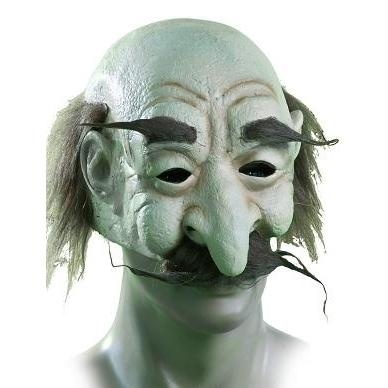 Máscara de rosto envelhecida com sobrancelhas e bigode pretos artificiais