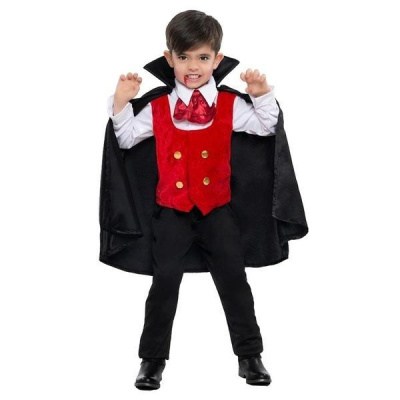 Fantasia infantil de vampiro com capa preta e colete vermelho.