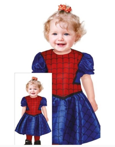 Vestido infantil com padrão de teia de aranha vermelho e azul, menina sorridente com laço laranja no cabelo