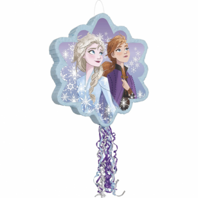 Piñata em forma de floco de neve com personagens Elsa e Anna de Frozen