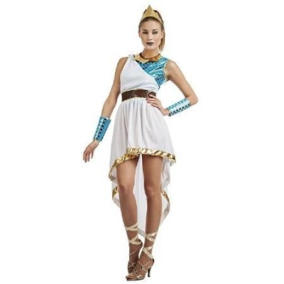 Fantasia feminina romana branca com detalhes dourados e azuis, sandálias de salto e braceletes
