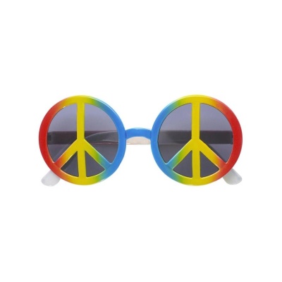 Óculos de sol redondos com símbolo da paz colorido na armação.