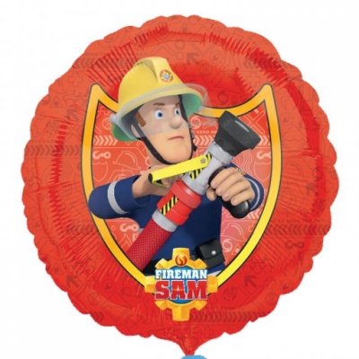Balão vermelho redondo com personagem Fireman Sam bombeiro segurando uma mangueira