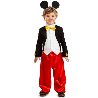 Fantasia infantil estilo Mickey Mouse com calças vermelhas, casaco preto, gravata amarela e orelhas pretas.