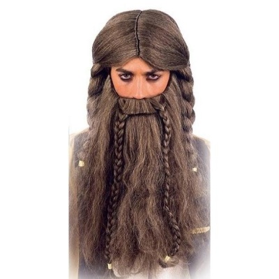 Peruca e barba longas castanhas com tranças feitas de fibras sintéticas