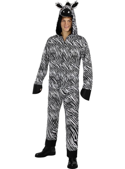 Pessoa usando macacão de zebra com capuz 3D e punhos pretos