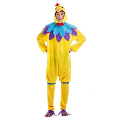 Fato de fantasia amarelo de pintainho com detalhes azuis e roxos, usado por homem