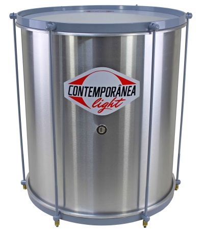 Tambor metálico prateado com armação cinza claro e etiqueta CONTEMPORÂNEA light