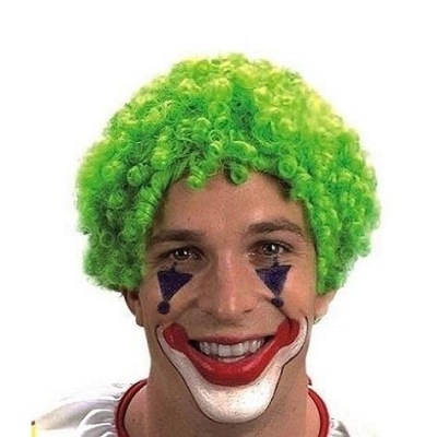 Peruca de palhaço verde fluorescente com cabelo encaracolado e rosto pintado