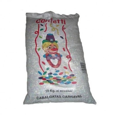 Saco branco de confetti colorido com desenho de palhaço e texto carnaval