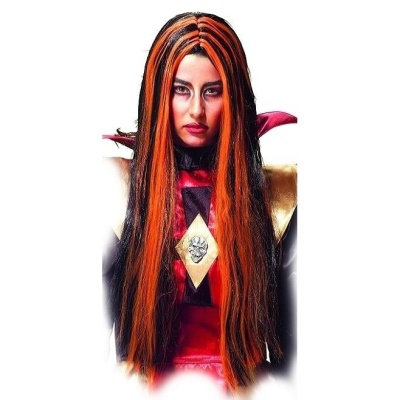 Penteado longo preto e laranja com traje vermelho e dourado