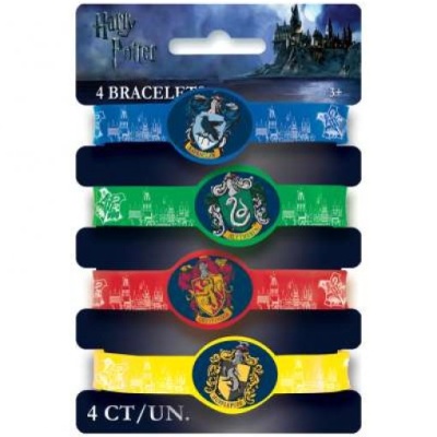 Conjunto de 4 pulseiras Harry Potter com emblemas das casas em embalagem azul.