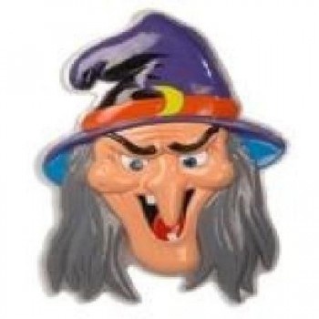 Máscara de bruxa com chapéu roxo e cabelo cinzento