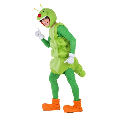 Fato de lagarta verde acolchoado com luvas brancas e calçado laranja