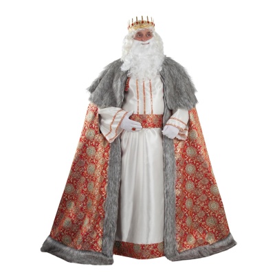 fantasia de rei com coroa, barba branca, túnica branca bordada e capa vermelha forrada