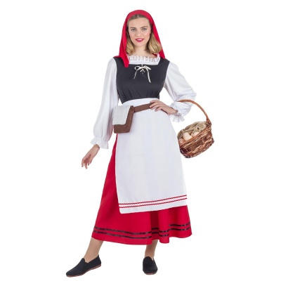 Mulher vestida com traje tradicional vermelho, preto e branco segurando cesta de verga com pão