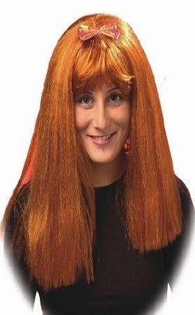 Peruca longa ruiva lisa com laço vermelho e dourado