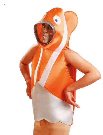 Fantasia infantil de peixe-palhaço laranja e branco com capuz transparente.