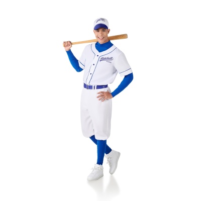 Jogador a usar uniforme de basebol branco e azul com taco no ombro