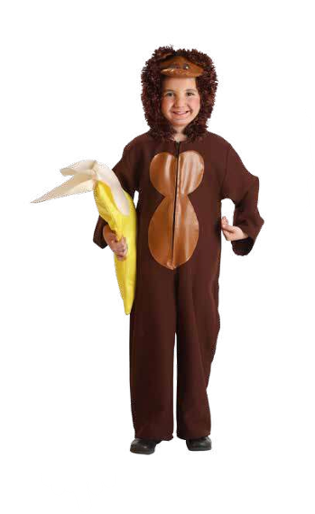 Fato integral de macaco castanho com capuz e espiga de milho nas mãos