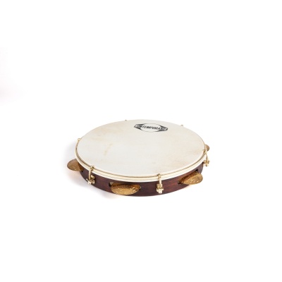 Pandeiro com armação em madeira castanha, pele branca e aros metálicos dourados